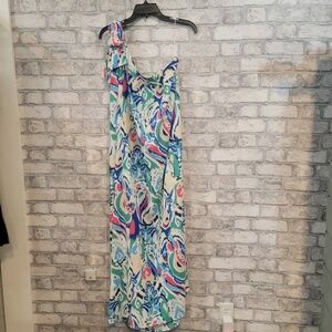 JODIFL Womens Maxi Dress Size M One Shoulder Abstract Vibrant Flowy Resort